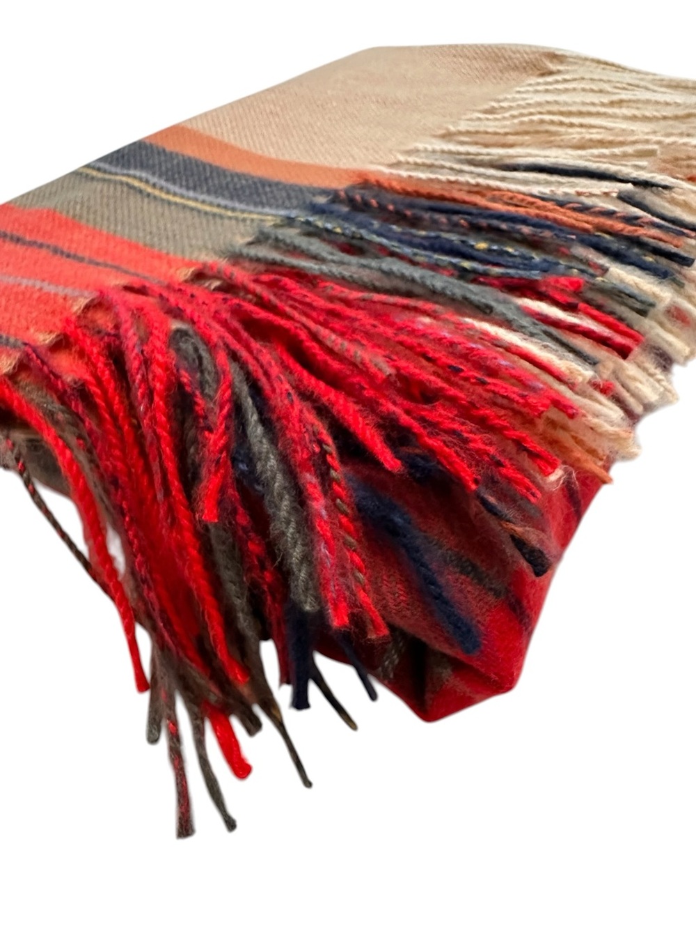 Oversized Reversible Plaid Blanket Scarf Wrap – Camel Red Navy – 56" x 54"